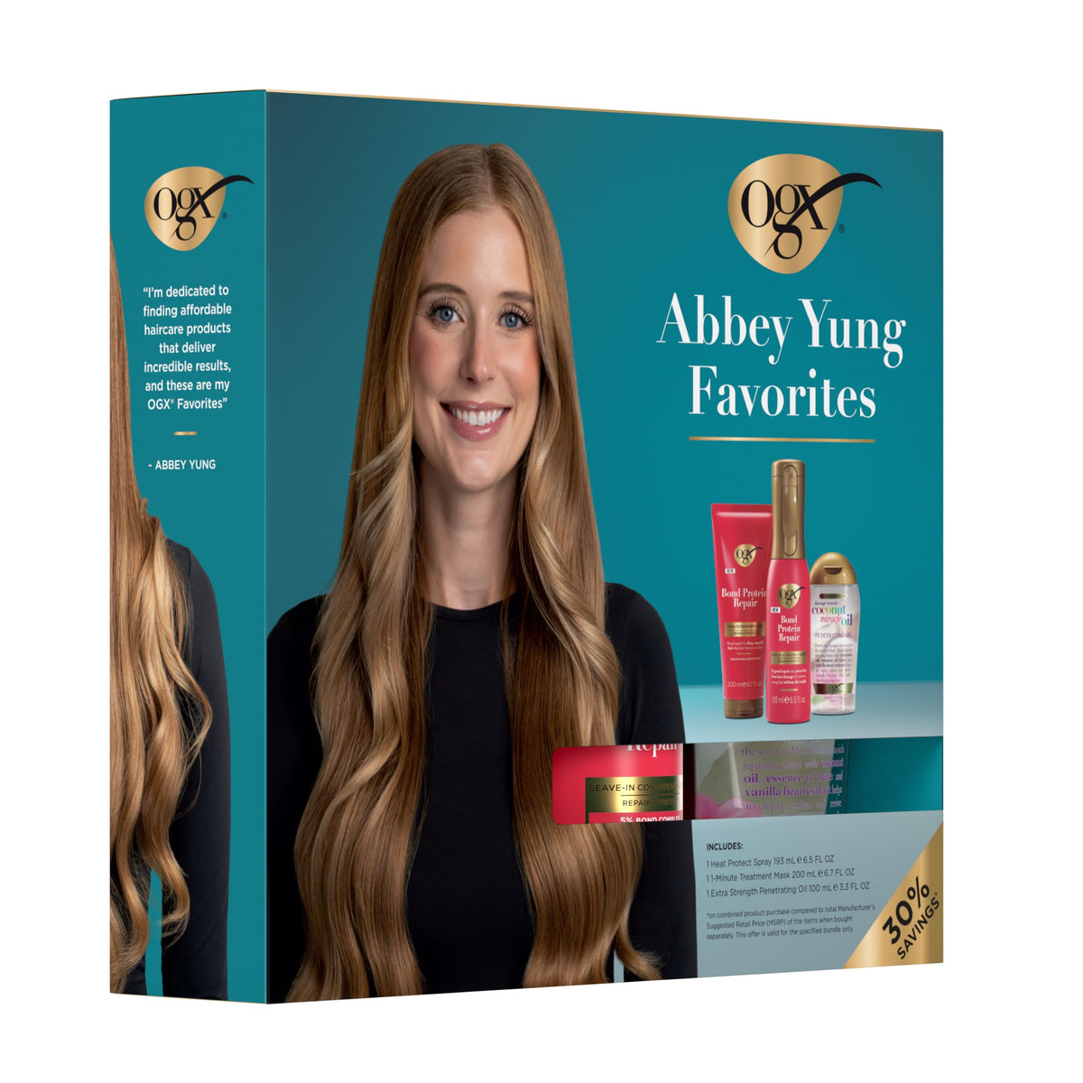 OGX heat protect spray being applied before blow-drying for reduced breakage