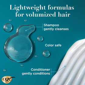 OGX bottles with pumps on bathroom shelf for convenient daily use