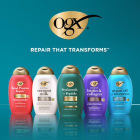 OGX bottles held in hand to show 13 fl oz size and travel convenience