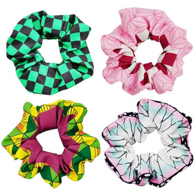 Ohjijinn front view packed scrunchies showing four colorful designs and styling options
