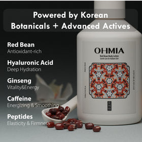 OHMIA bottle beside red beans highlighting key ingredient benefits
