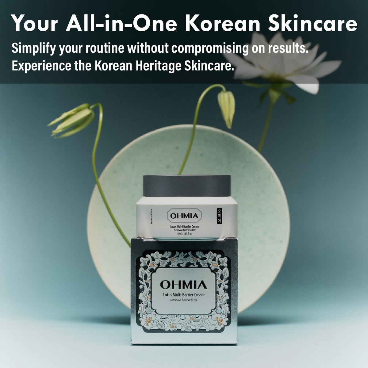OHMIA jar on bathroom counter in lifestyle scene conveying daily routine comfort