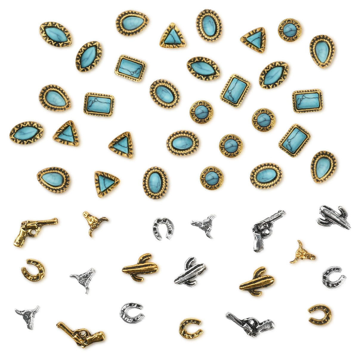 Ohmique front layout showing 50pcs turquoise charms and western motifs, inspiring varied designs