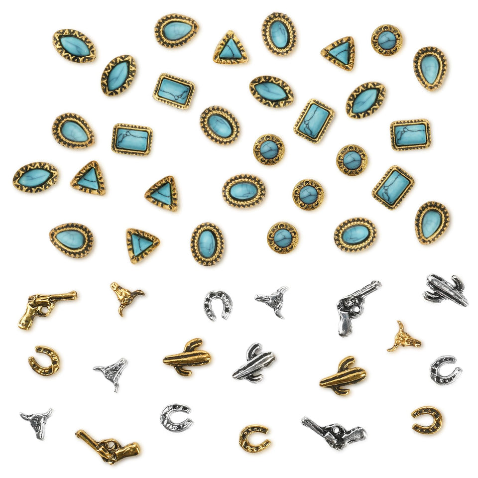 Ohmique front layout showing 50pcs turquoise charms and western motifs, inspiring varied designs
