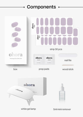 ohora included tools laid out: file, wooden stick, prep pads, remover benefits