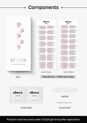 ohora finished manicure on hands showing salon-quality nude glitter