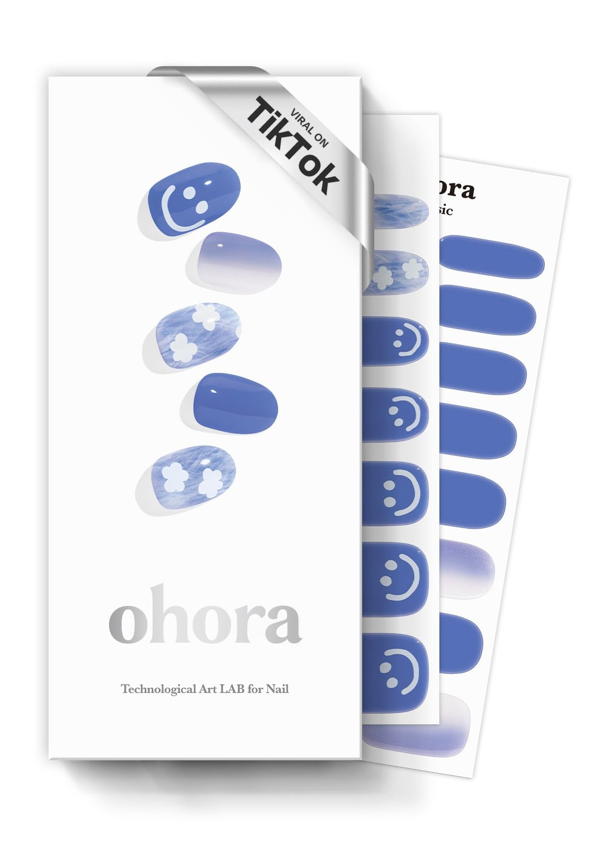 ohora front box showing N Cotton Cloud blue patterned gel strips and tools for instant manicure