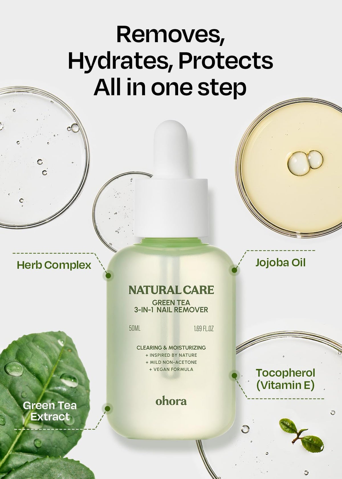 ohora ingredient label showing green tea seed oil and vitamin E benefits
