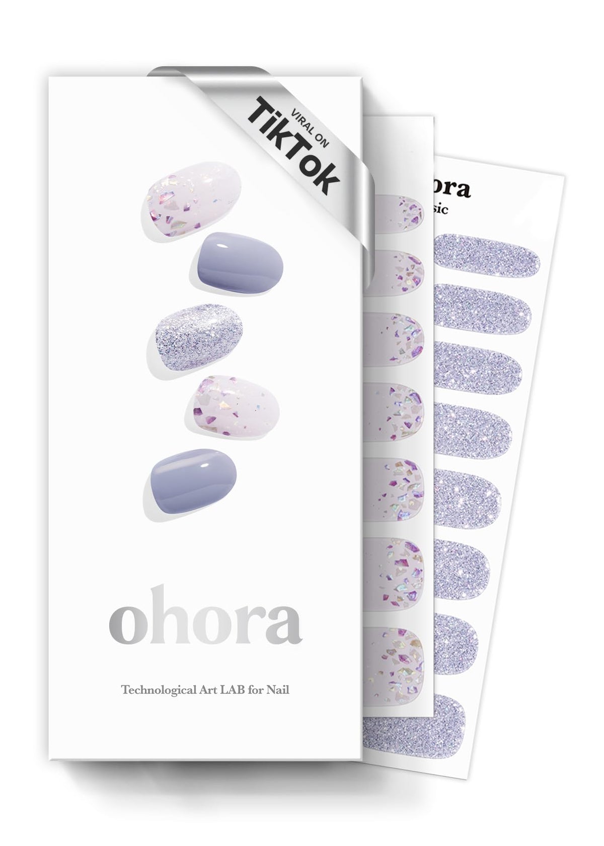 ohora front packaging showing blue glitter design and included tools for quick salon look