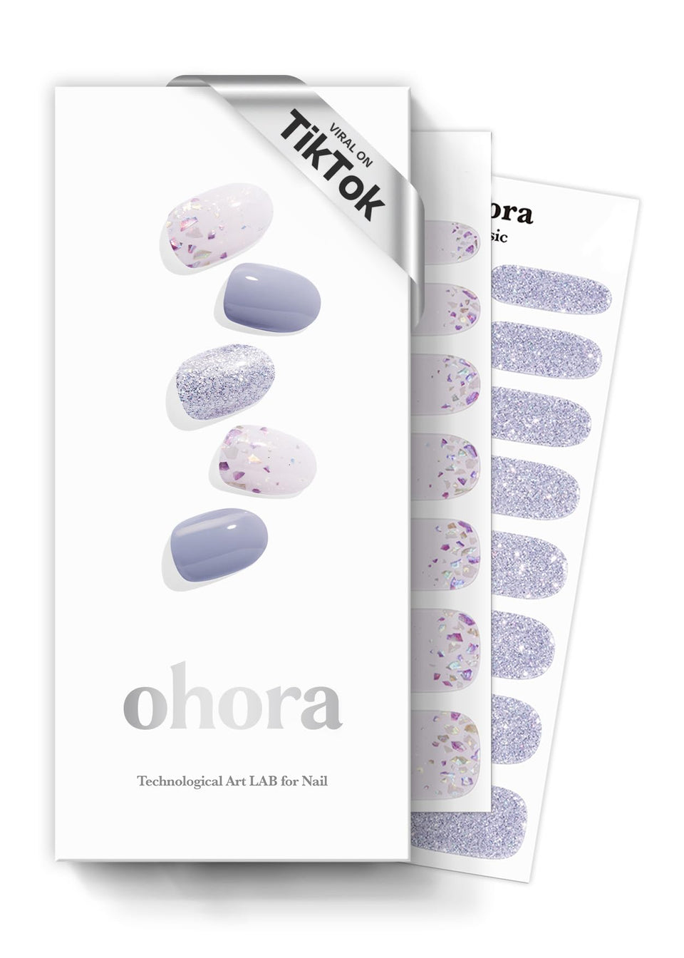 ohora front packaging showing blue glitter design and included tools for quick salon look