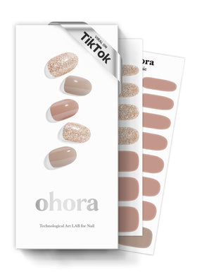 ohora N Carmel front packaging showing kit contents and nude glitter finish benefits long-wear