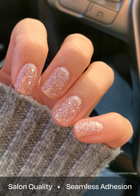 ohora applied on hand showing salon-quality nude glitter manicure at home