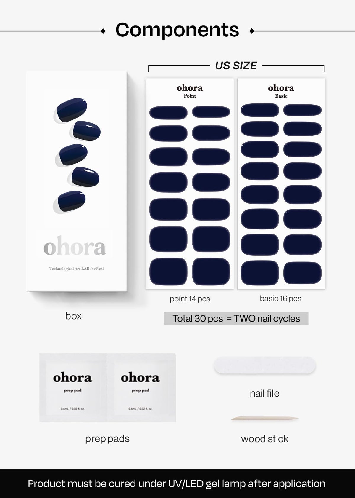 ohora N Royal Navy finished manicure on hands showing elegant blue look
