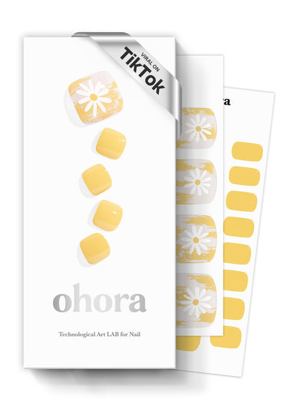 ohora front packaging showing yellow patterned pedi strips and accessories for easy application