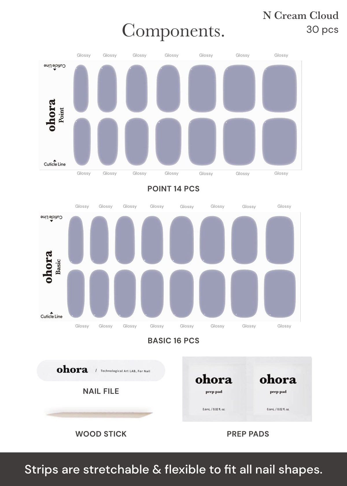ohora hand with several strip sizes applied showing fit on different nail shapes benefit: custom fit