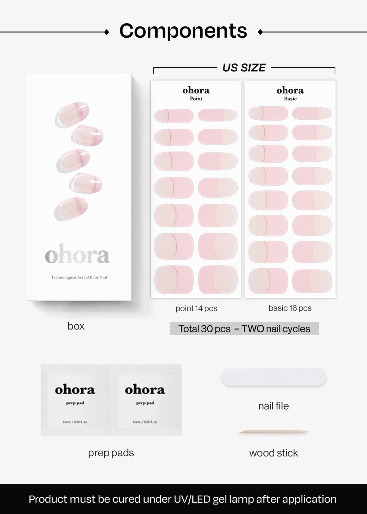 ohora layout of 30 nail strips, prep pads, file and wooden stick for complete kit