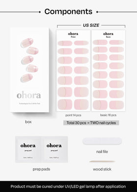 ohora layout of 30 nail strips, prep pads, file and wooden stick for complete kit