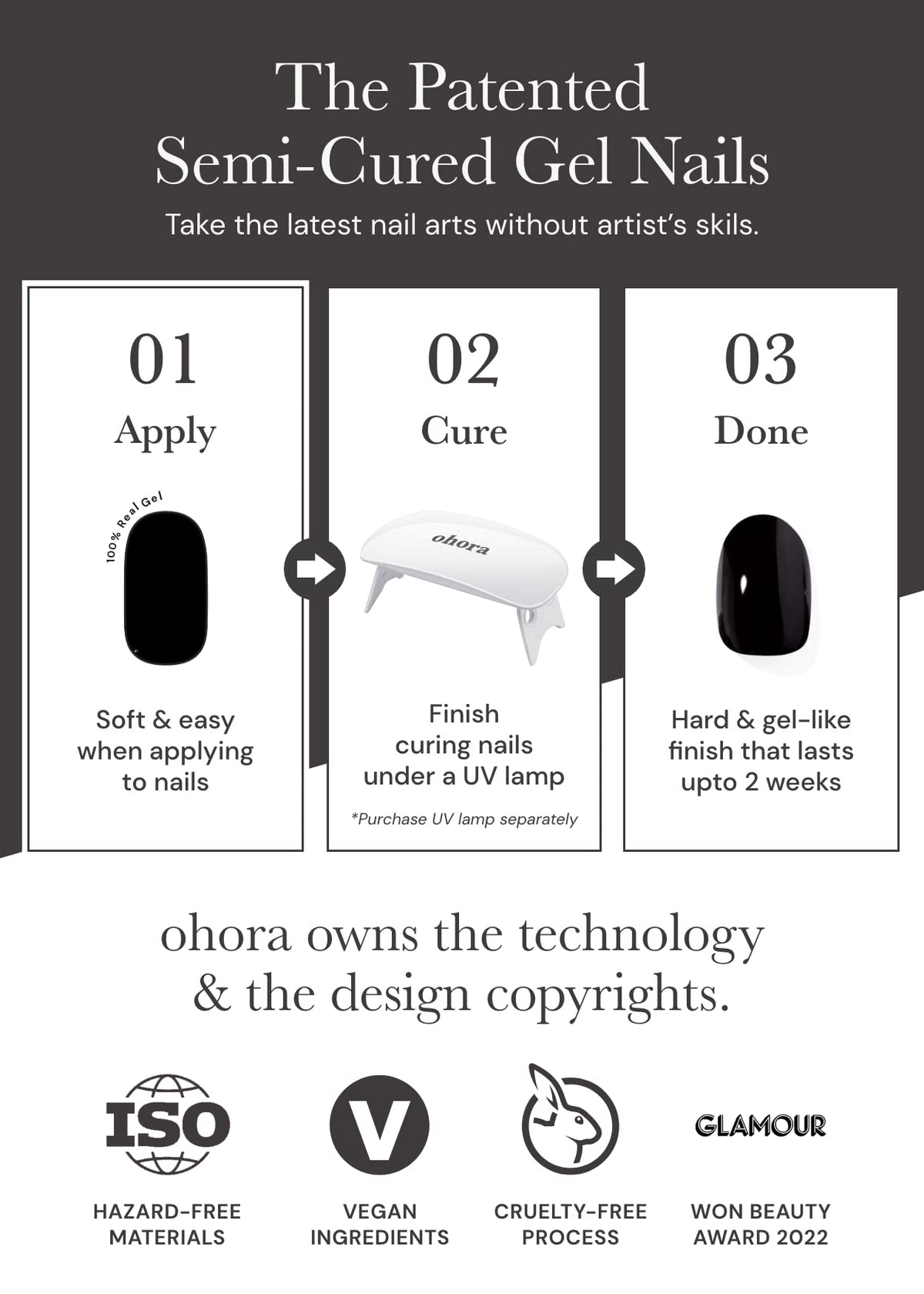 ohora kit contents including strips, prep pads, file and wooden stick for complete at-home application