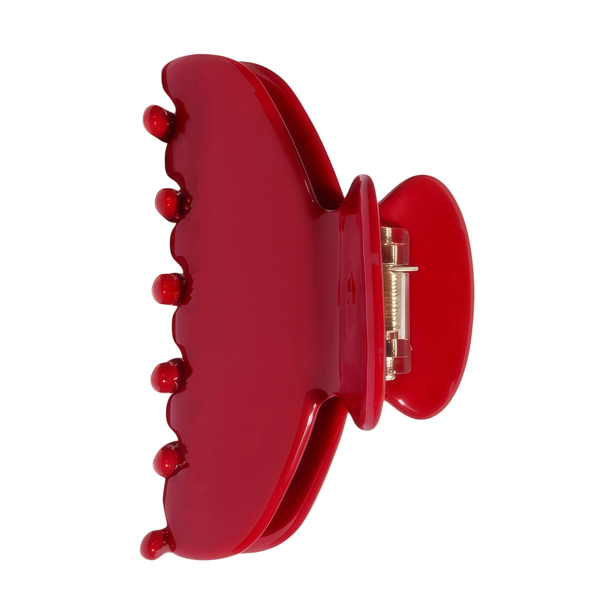 OideGuiing front view of cherry red clip showing shape and finish for style