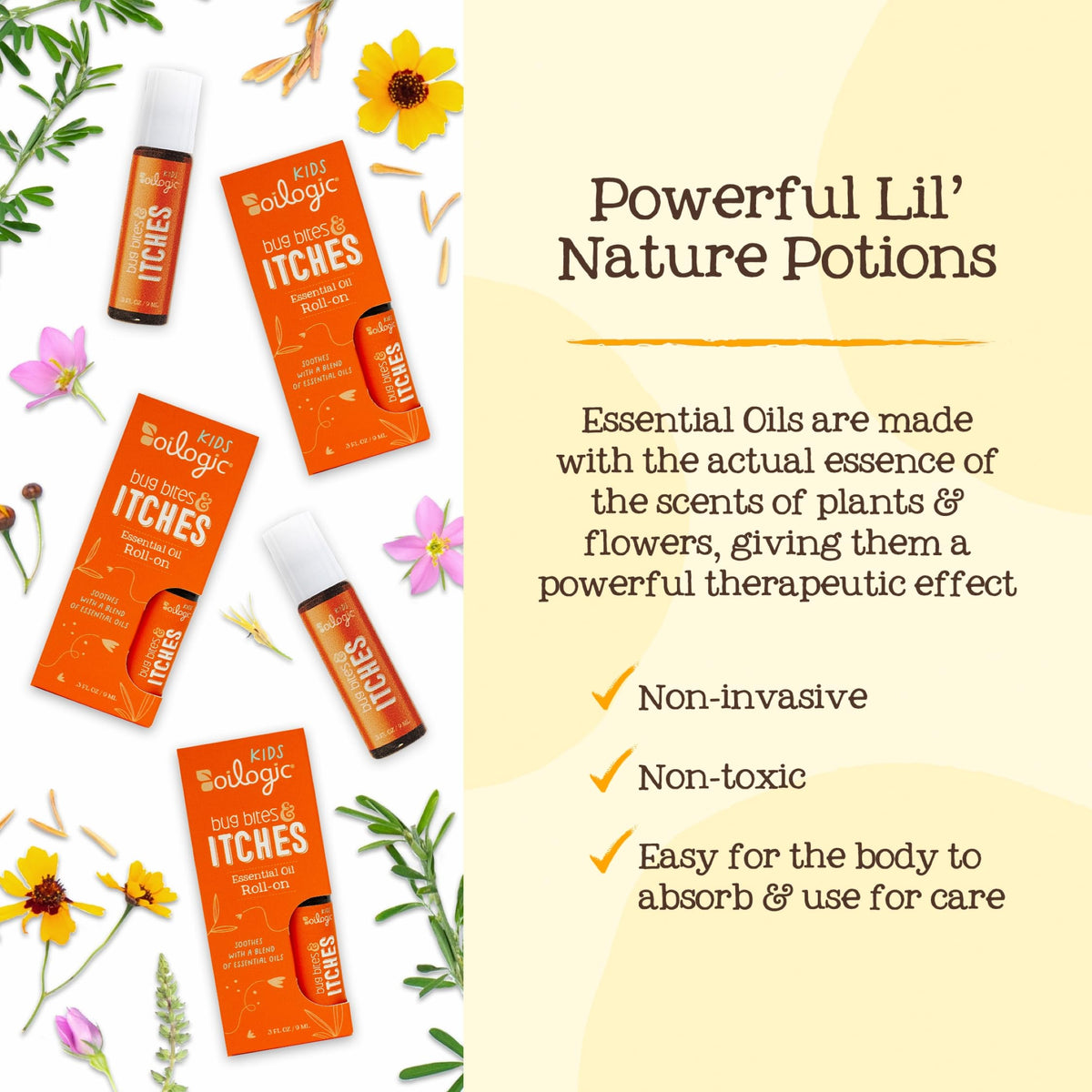 Oilogic ingredient bottles with essential oils highlighting pure formulation