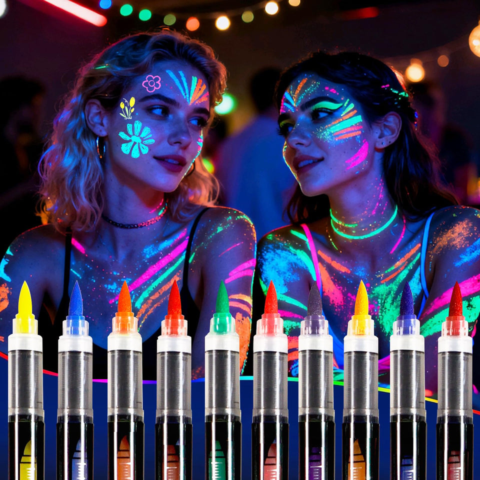 Oiomniv front packaging showing all ten neon pens and brand for vivid bright designs