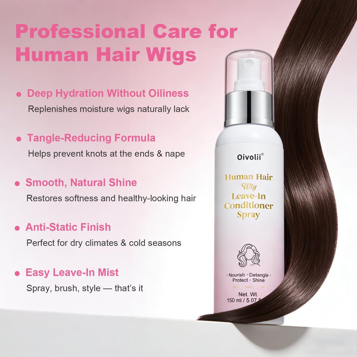 Oivolii mist spraying onto wig offering lightweight detangling benefit