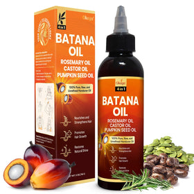 Okaga bottle front label showing unrefined Batana oil and benefits
