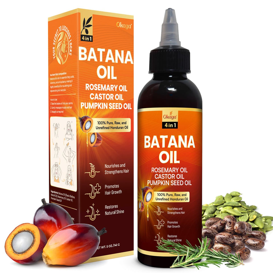 Okaga bottle front label showing unrefined Batana oil and benefits