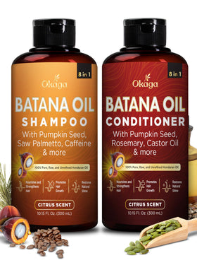 Okaga front packaging showing shampoo and conditioner bottles with clear branding and benefit