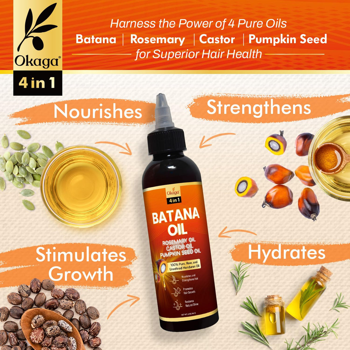 Close-up of Batana rosemary castor pumpkin seed ingredients for nourishment