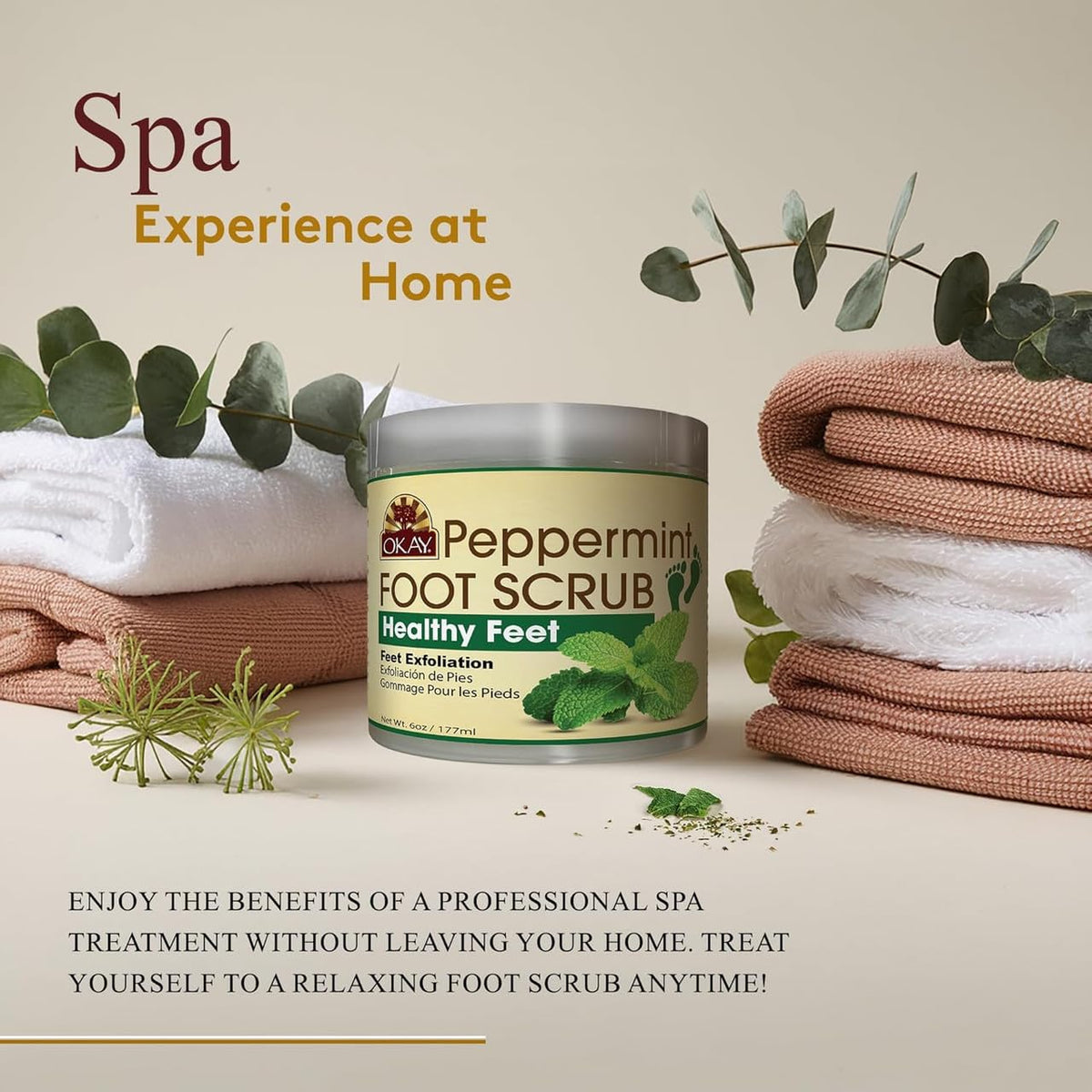 OKAY open jar with scoop showing creamy scrub and easy application