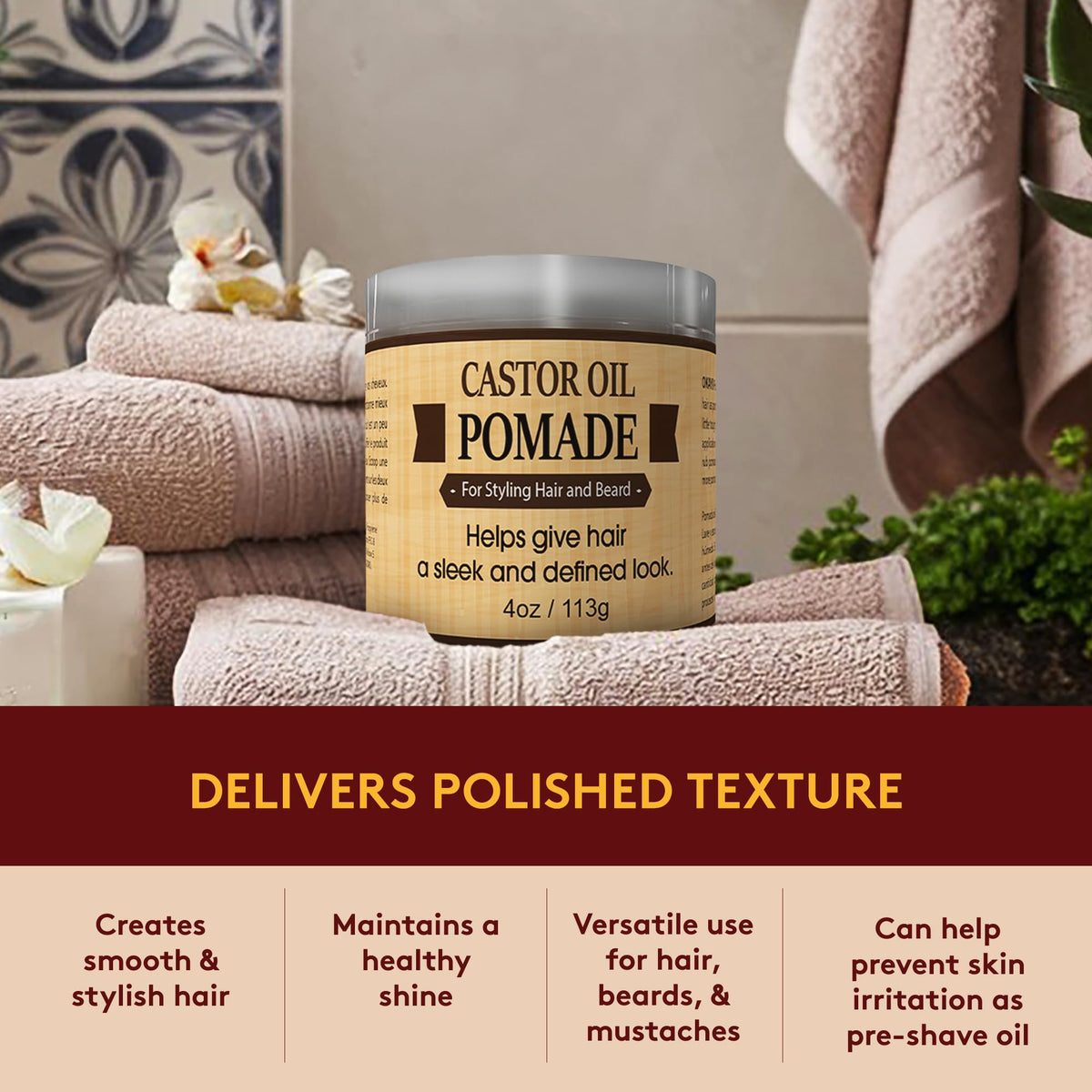 Bathroom shelf with OKAY pomade conveying grooming routine and tidy storage