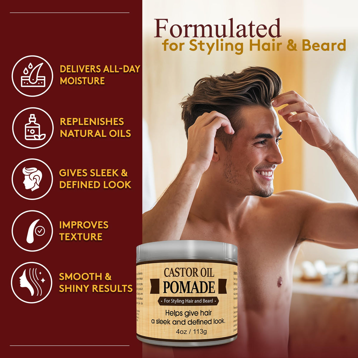 OKAY pomade texture close-up displaying creamy castor oil blend for smooth application