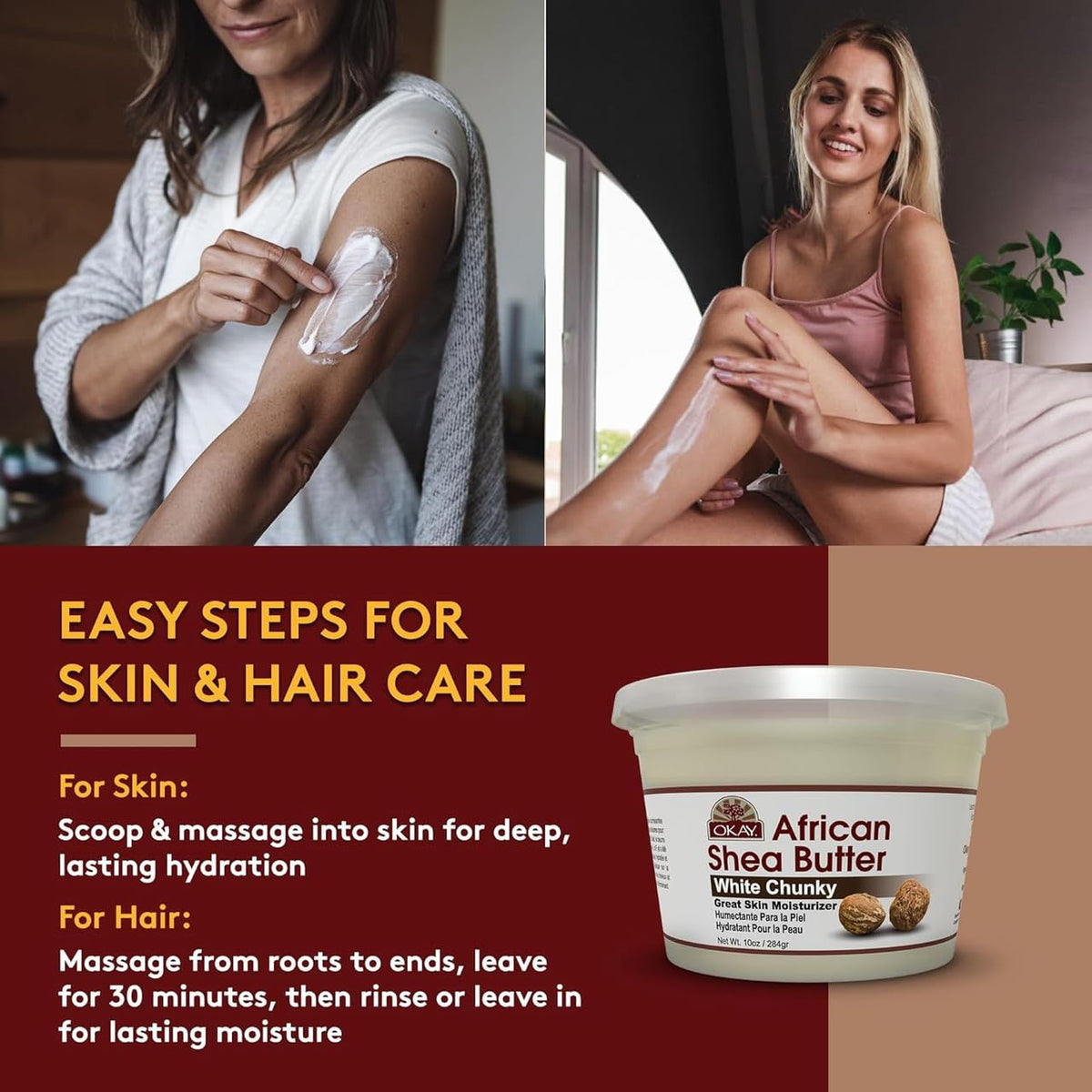 Hands applying OKAY shea butter into hair ends to condition and reduce frizz