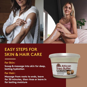 Hands applying OKAY shea butter into hair ends to condition and reduce frizz