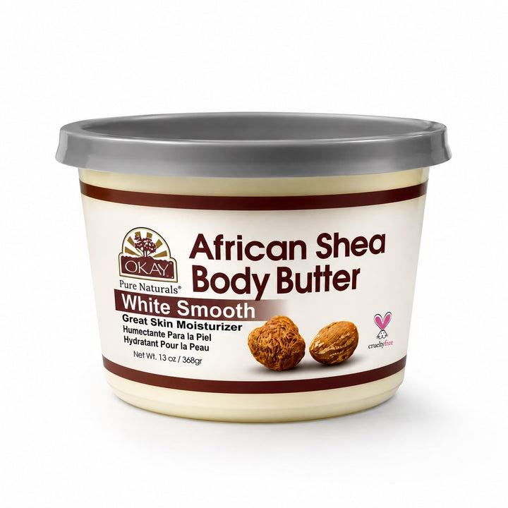 OKAY white shea butter jar front view showing clean packaging and natural product benefits