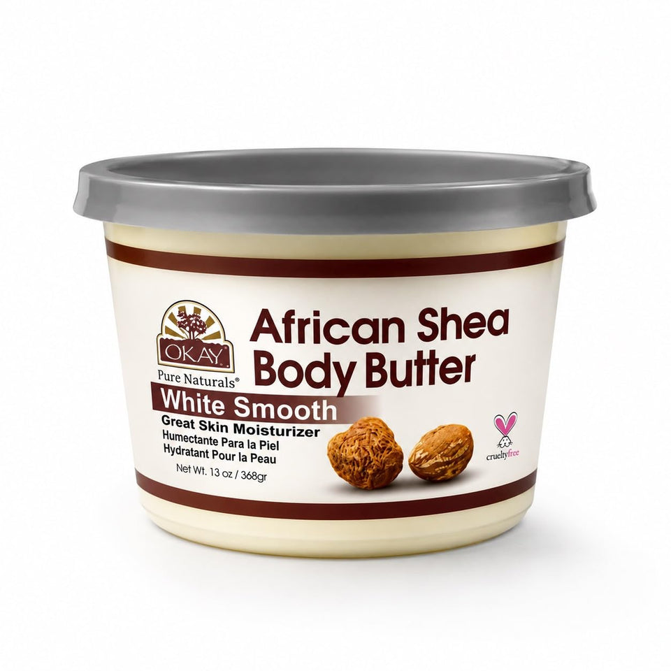 OKAY white shea butter jar front view showing clean packaging and natural product benefits