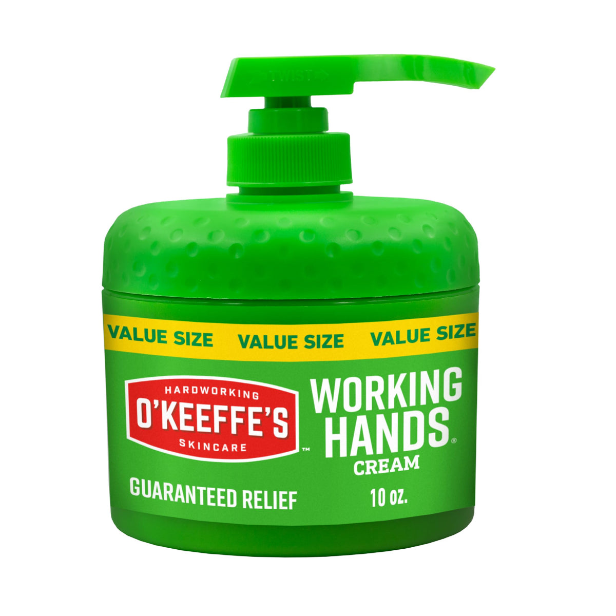 O'Keeffe's front packaging showing 10oz pump jar and branding benefit