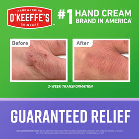 Application photo of O'Keeffe's being rubbed into dry hands to show instant relief