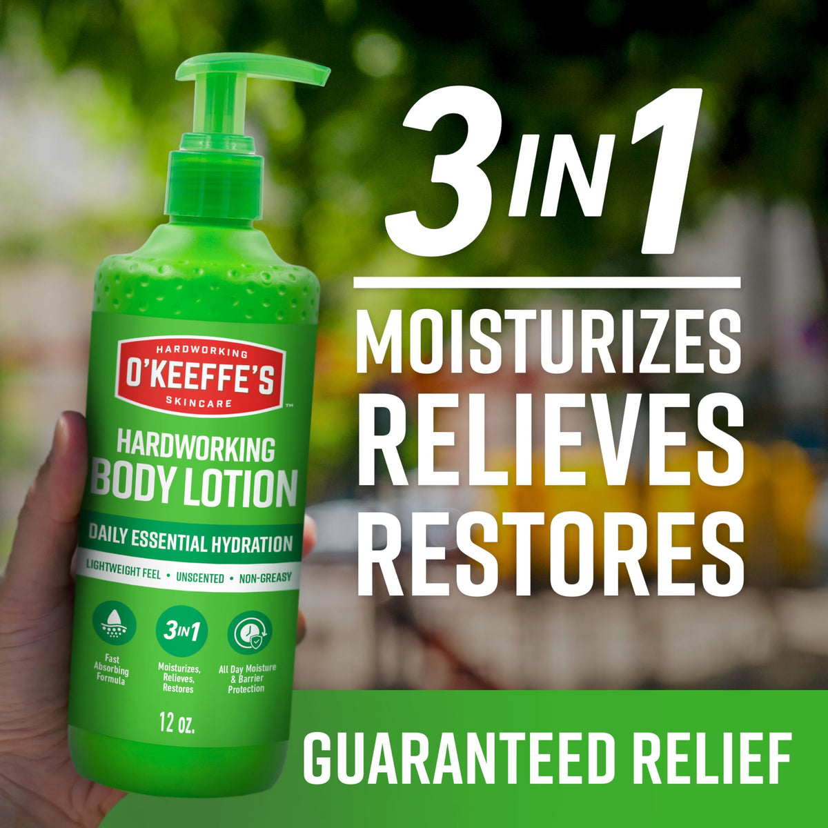 O'Keeffe's body lotion 12 oz bottle next to common items showing true size and value