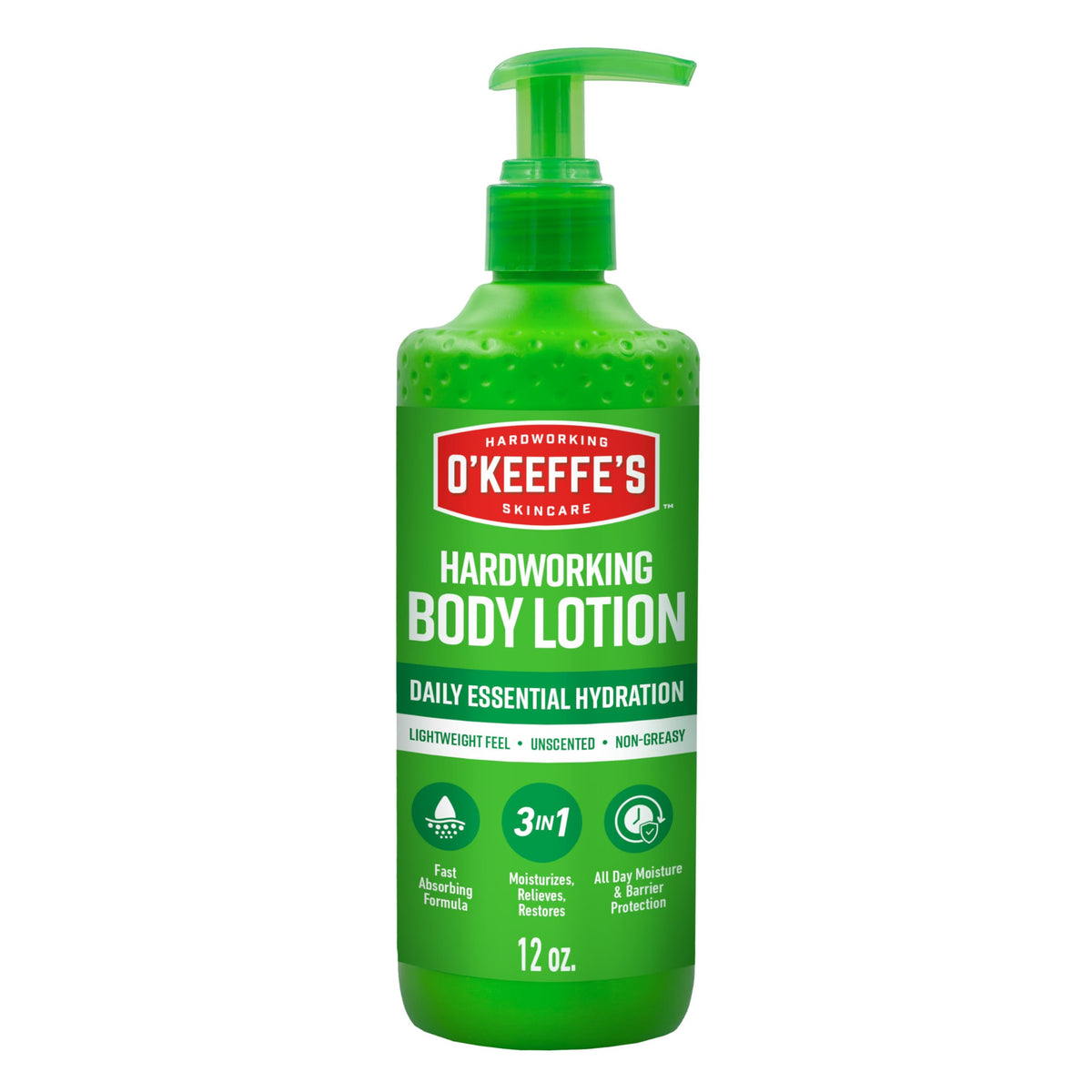 O'Keeffe's body lotion front pump view showing packaging and easy dispensing benefit