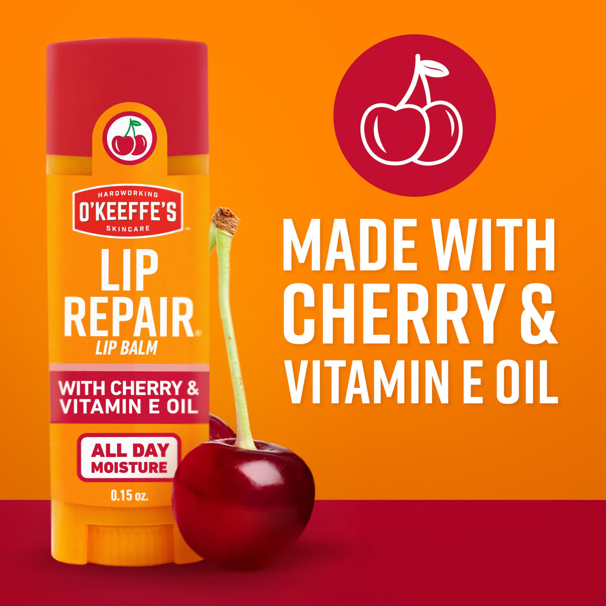 Before and after lips with O'Keeffe's cherry showing repaired appearance