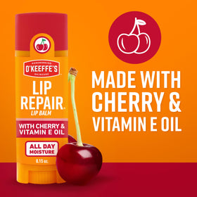 Before and after lips with O'Keeffe's cherry showing repaired appearance