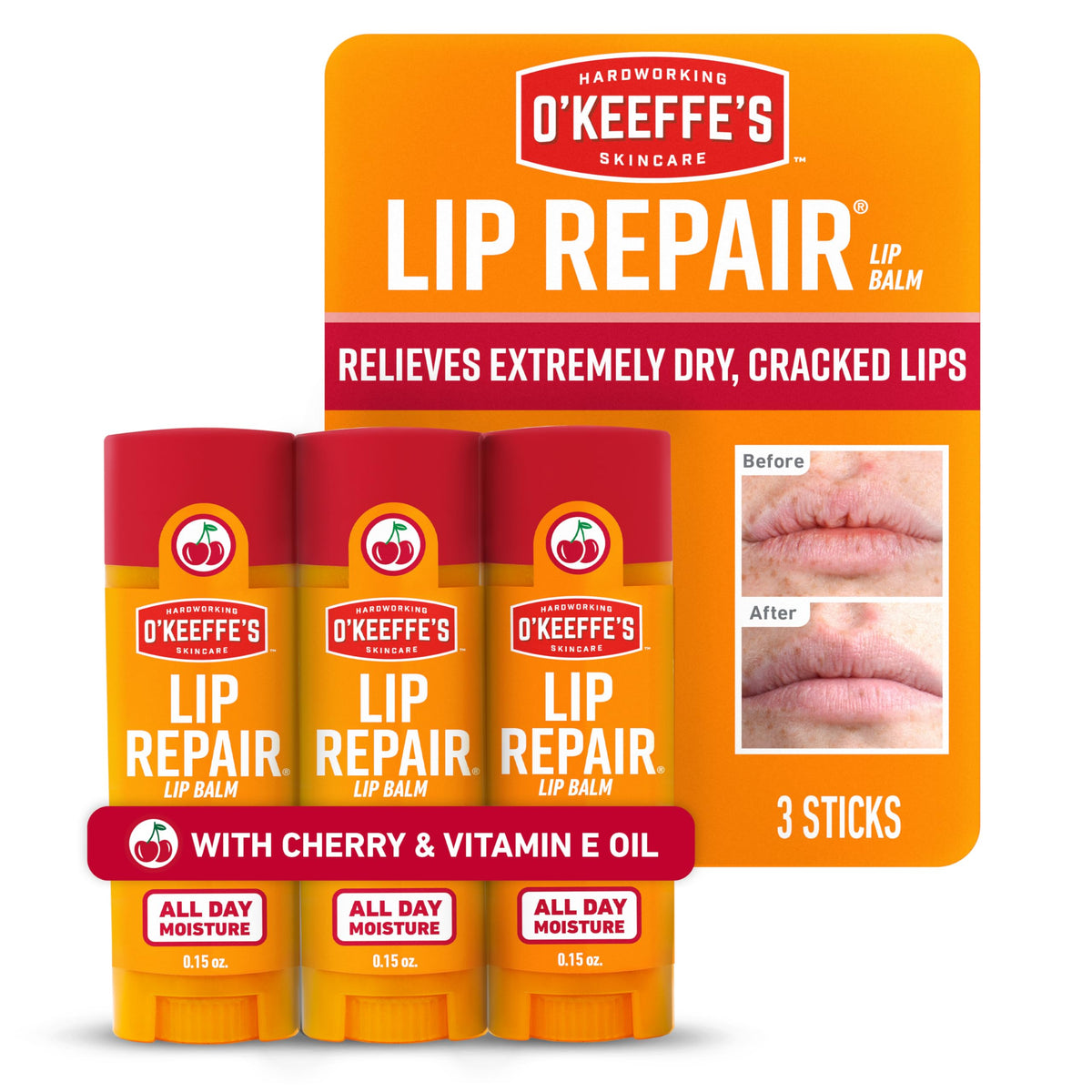 O'Keeffe's cherry lip balm stick front packaging showing product
