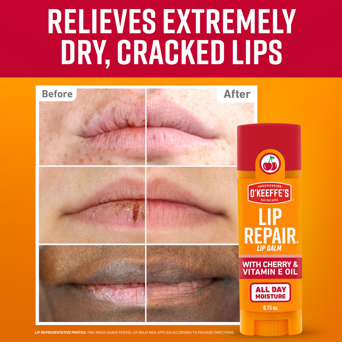O'Keeffe's cherry stick open tip showing smooth moisturizing texture