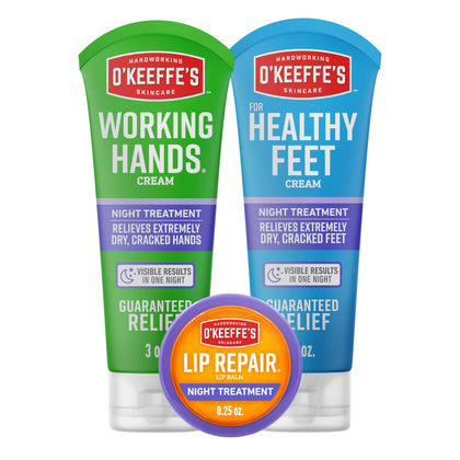 O'Keeffe's combo front packaging showing included hand foot and lip trio benefits