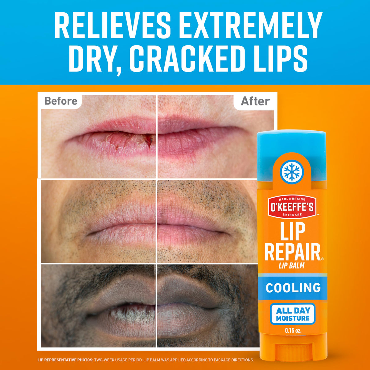 O'Keeffe's lip repair stick extended to show solid balm and easy application