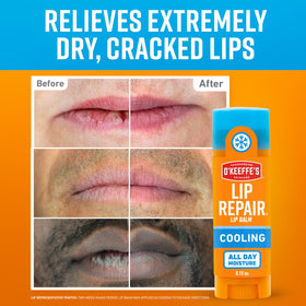 O'Keeffe's lip repair stick extended to show solid balm and easy application