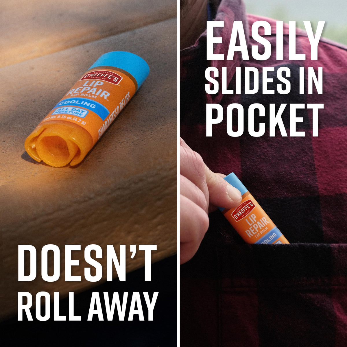 O'Keeffe's cooling relief stick beside travel items for on-the-go lip care convenience