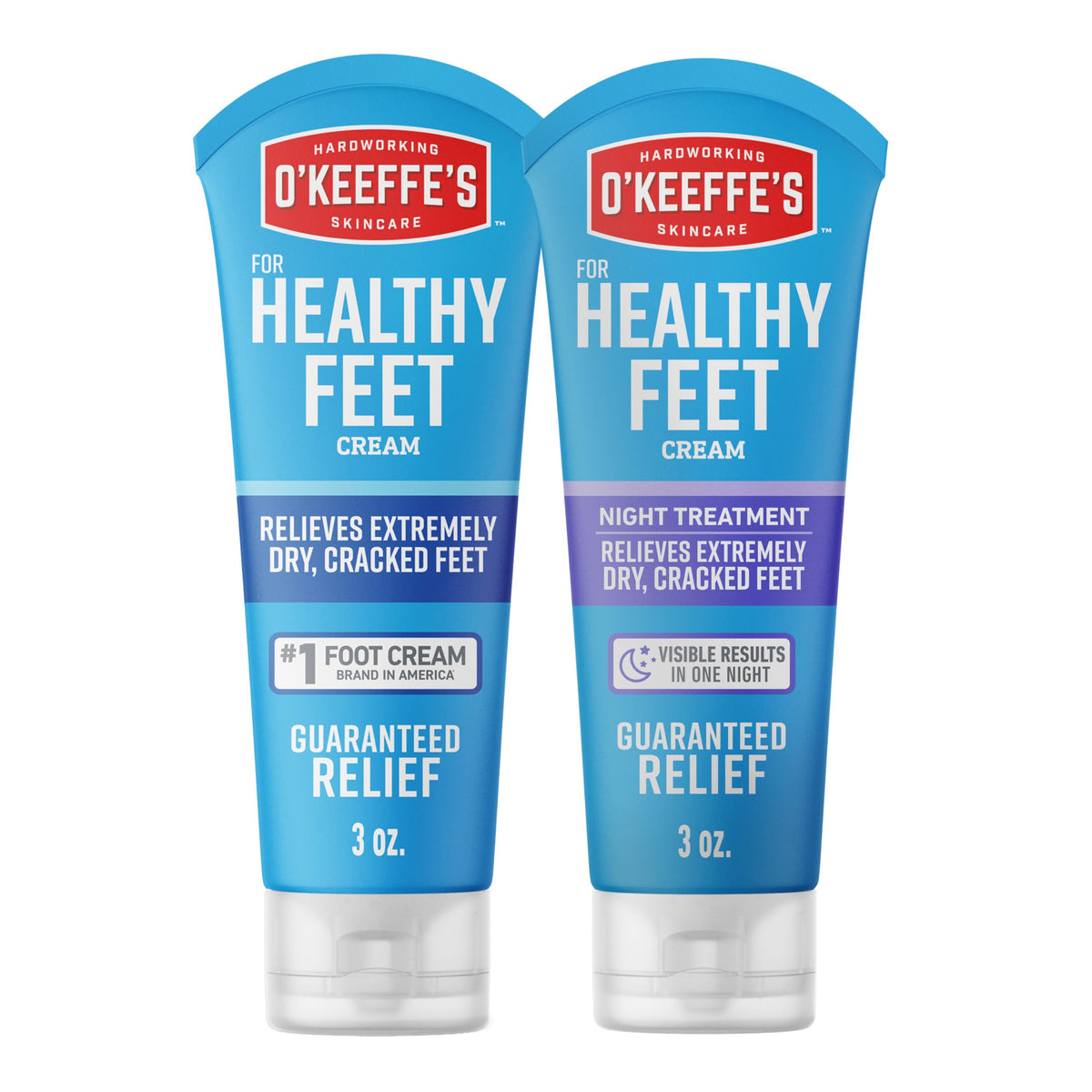 O'Keeffe's front packaging of day and night foot cream duo showing convenience